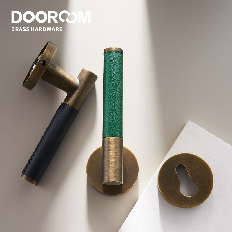 Dooroom Brass Leather Door Lock Set Modern Italian Style Interior Bedroom Bathroom Double Wood Door Lever Set Dummy Handle