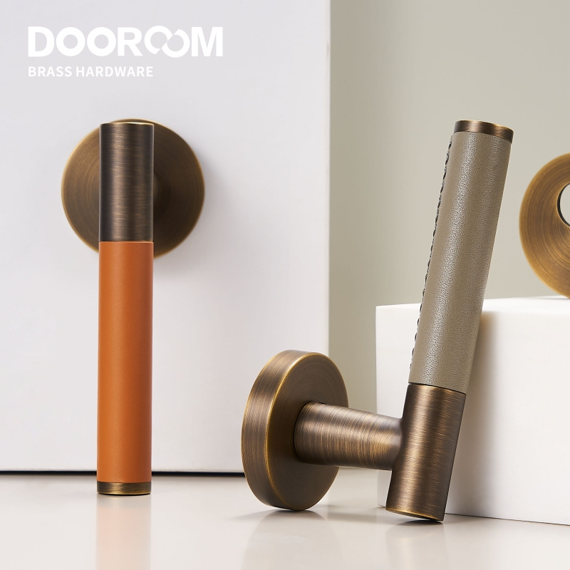 Dooroom Brass Leather Door Lock Set Modern Italian Style Interior Bedroom Bathroom Double Wood Door Lever Set Dummy Handle