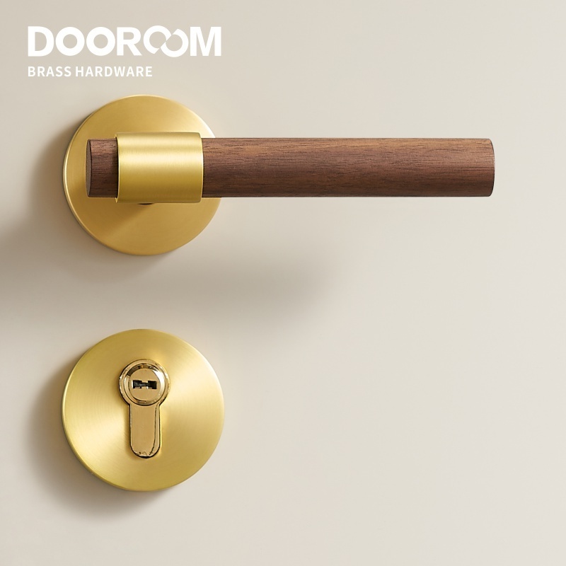 Dooroom Brass Walnut Door Lock Set Modern Interior Bedroom Bathroom Double Wood Door Lever Set Dummy Lock Handle Knob