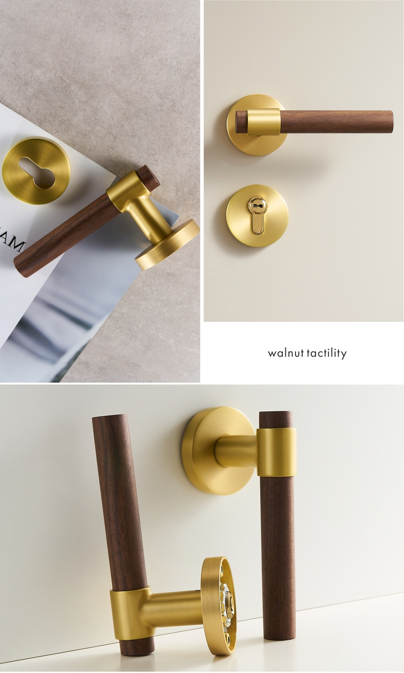 Dooroom Brass Walnut Door Lock Set Modern Interior Bedroom Bathroom Double Wood Door Lever Set Dummy Lock Handle Knob