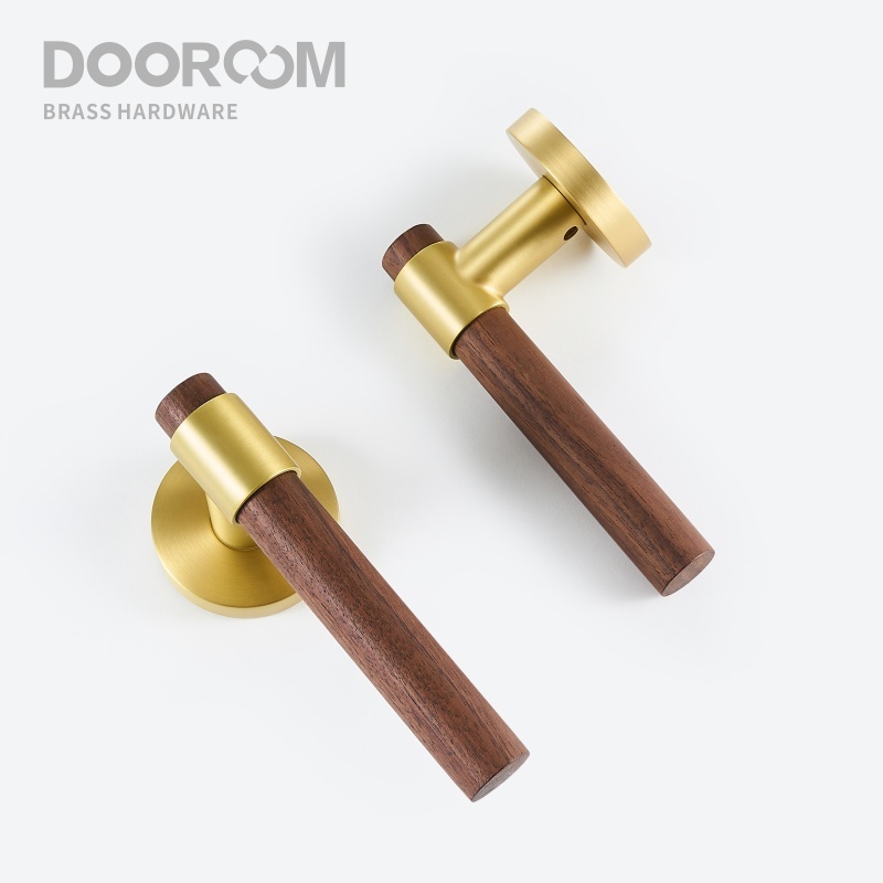 Dooroom Brass Walnut Door Lock Set Modern Interior Bedroom Bathroom Double Wood Door Lever Set Dummy Lock Handle Knob