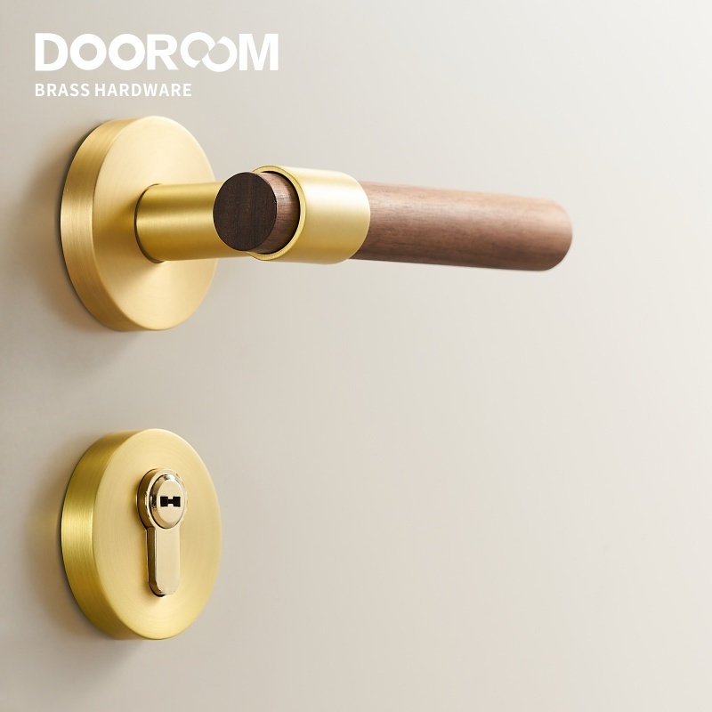 Dooroom Brass Walnut Door Lock Set Modern Interior Bedroom Bathroom Double Wood Door Lever Set Dummy Lock Handle Knob