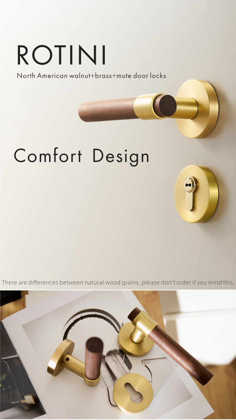 Dooroom Brass Walnut Door Lock Set Modern Interior Bedroom Bathroom Double Wood Door Lever Set Dummy Lock Handle Knob