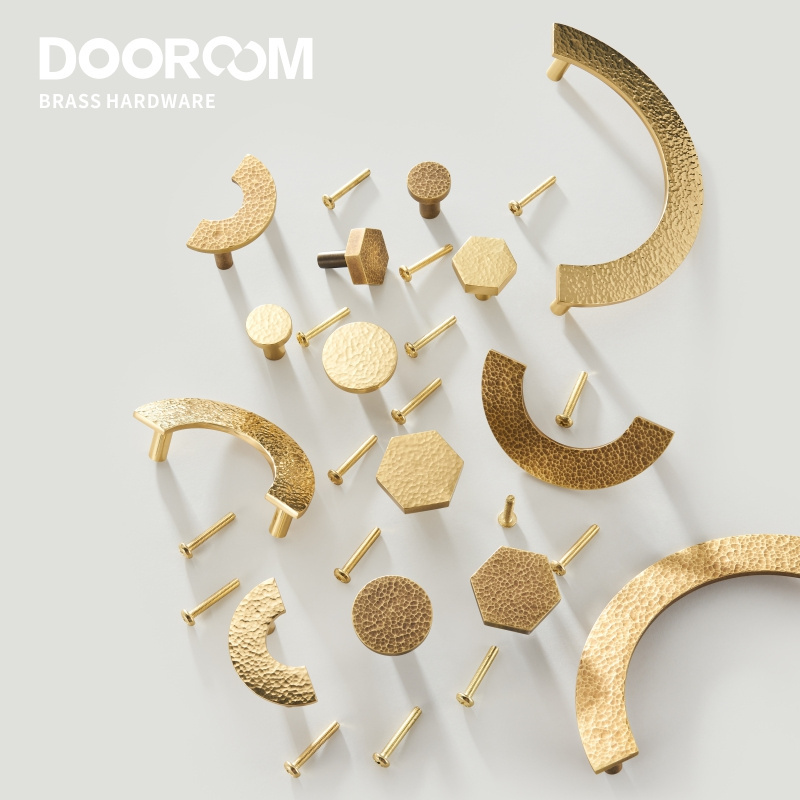 Dooroom Brass Furniture Handles Modern Hammered Round Hexagon Pulls Wardrobe Dresser Cupboard Cabinet Drawer Wine Bar Knobs