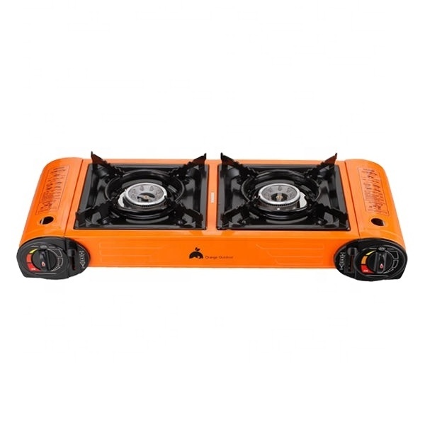 Double burner 2 burner  portable butane camping gas stove set with plastic case and BBQ tools