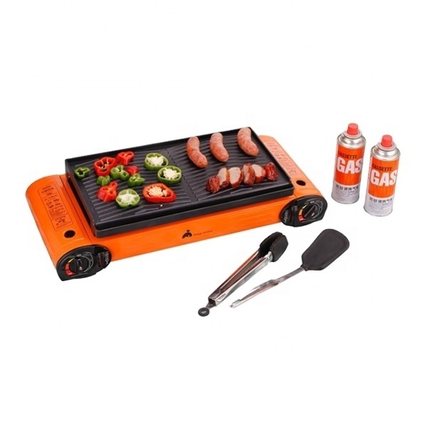 Double burner 2 burner  portable butane camping gas stove set with plastic case and BBQ tools