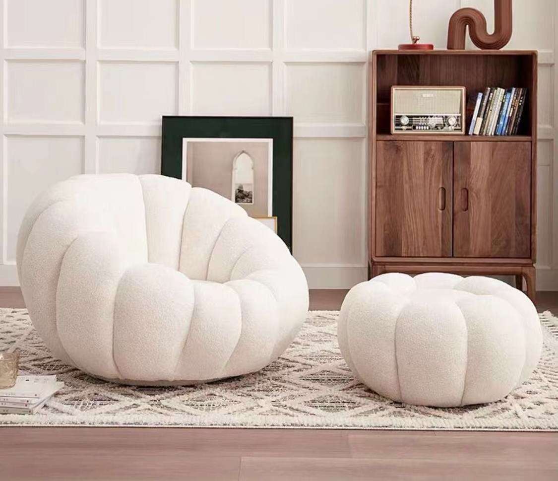 High Quality Modern Home Furniture Living Room Creative Leisure Boucle Fleece Armchair Pumpkin Sofa Set With Foot Stool