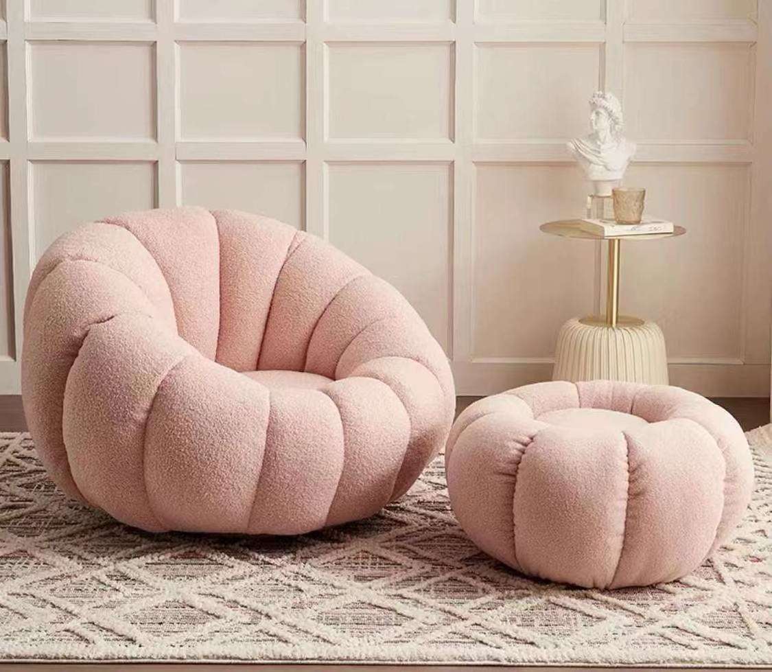 High Quality Modern Home Furniture Living Room Creative Leisure Boucle Fleece Armchair Pumpkin Sofa Set With Foot Stool