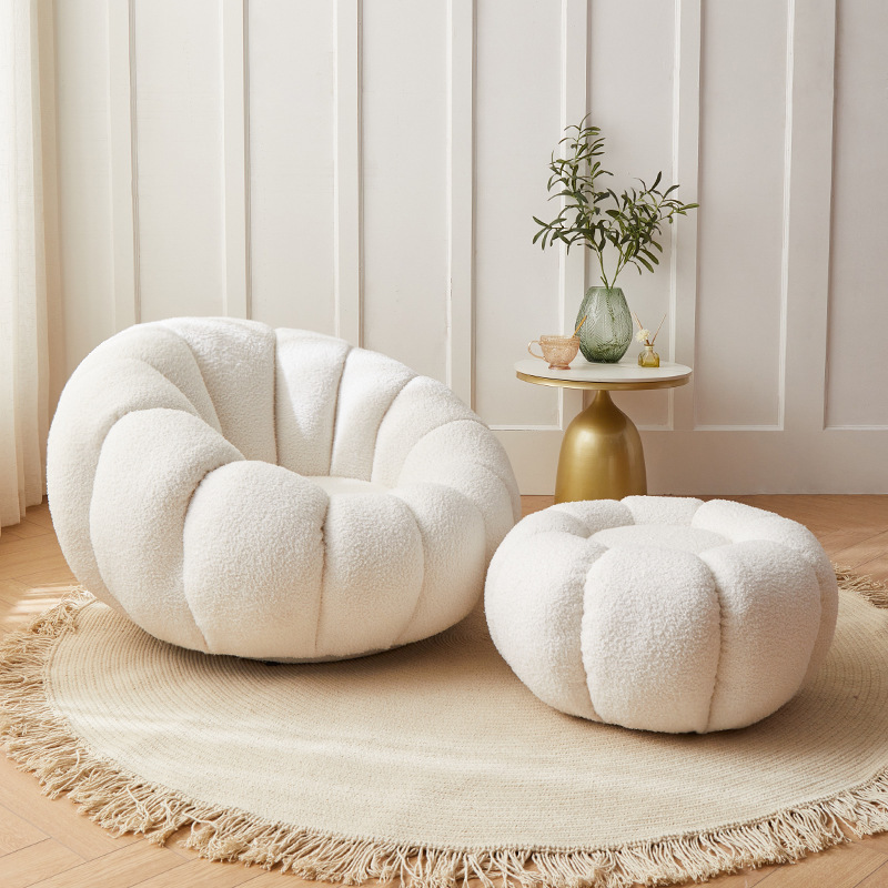 Custom OEM Living Room Plush Fleece Teddy Leisure Single Sofa Pumpkin Sofa Chairs With Footrest White Swivel Lounge Sofa