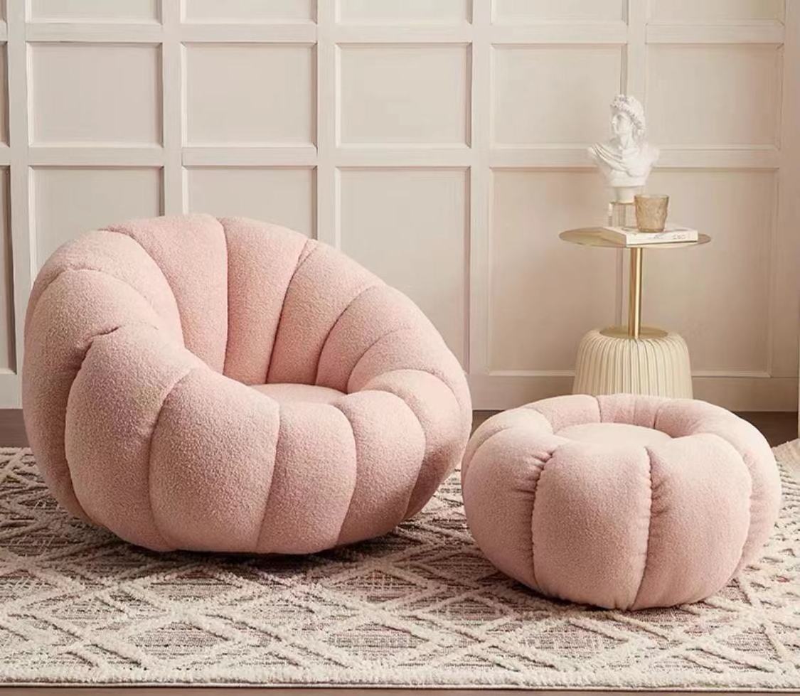 Factory Direct Sale Custom Color Boucle Fleece Fabric Swivel Leisure Pumpkin Sofa Chairs Set With Footrest