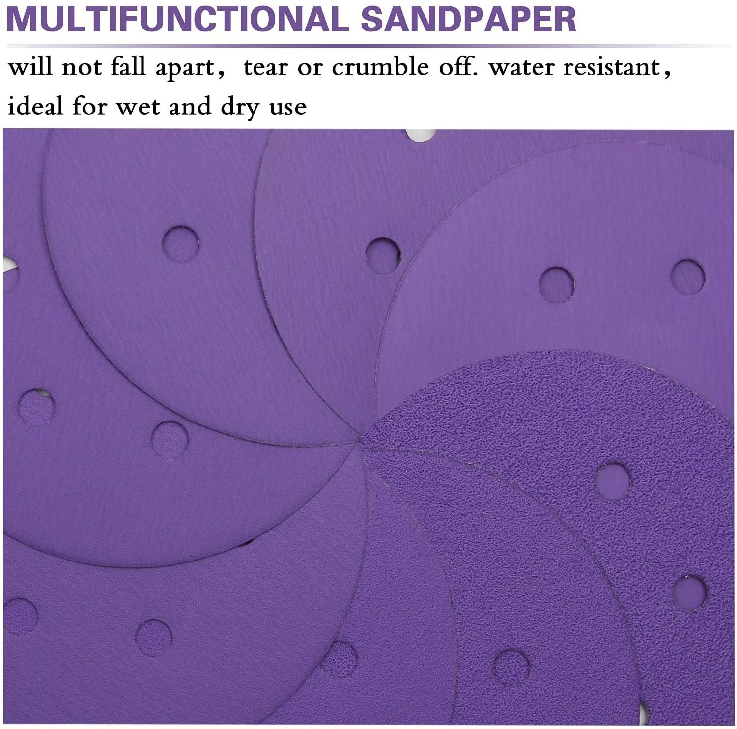 6 inch ceramic purple sandpaper sheet wet dry sand paper disc multi-holes sanding disc for automobile polishing