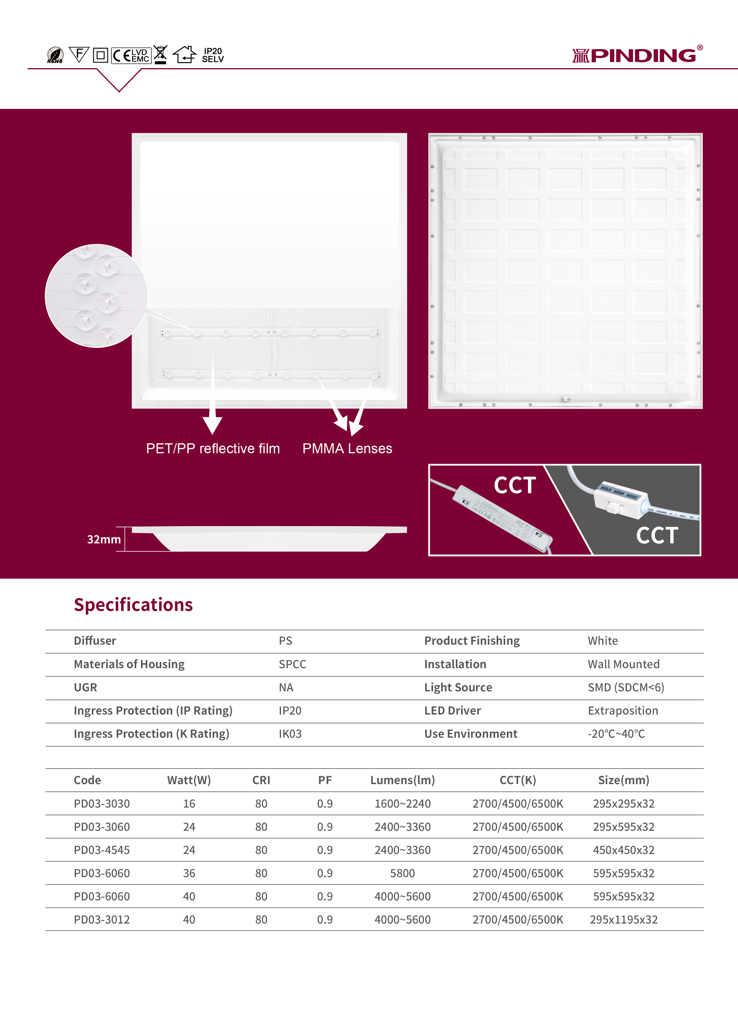 Good price Square Recessed  40W 90lm/w 3CCT led downlight Commercial Indoor Lighting LED Panel Light