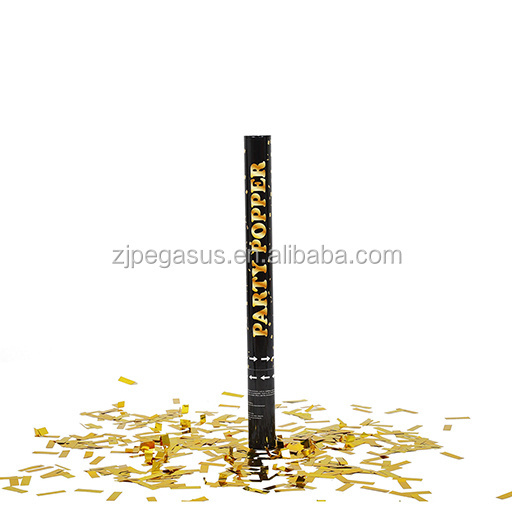 Gold confetti cannon party popper for party with gold recetangles confetti