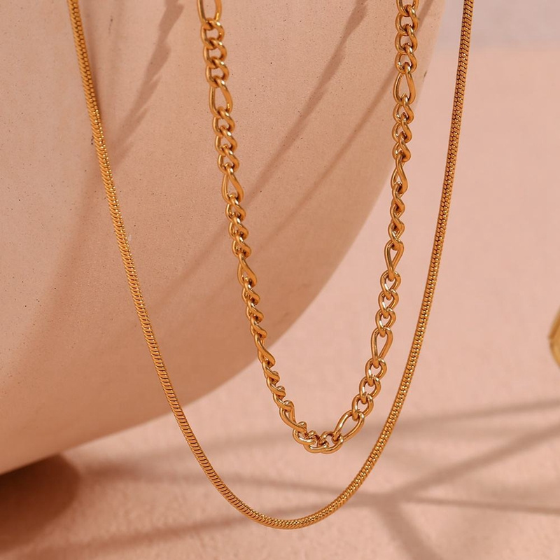 New Product Double Layer Figaro Chain &Snake Chain Necklace PVD Gold Plated Stainless Steel Jewelry joyeria de acero inoxidable