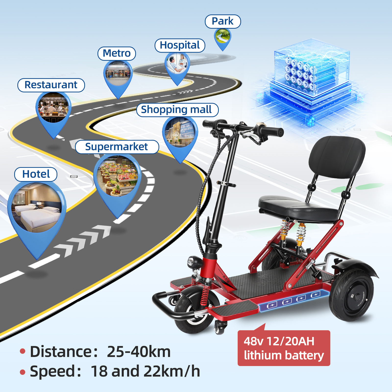 Three-wheel Scooter Adult Open Electric Tricycle 3 Wheel Mobility Scooter 48V/250W Brushless Handicapped Scooters