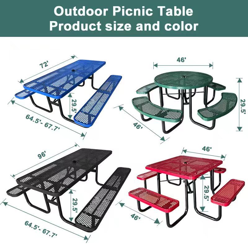 Outdoor park patio commercial steel mesh picnic camping table with bench outside restaurant round metal dining table and chair