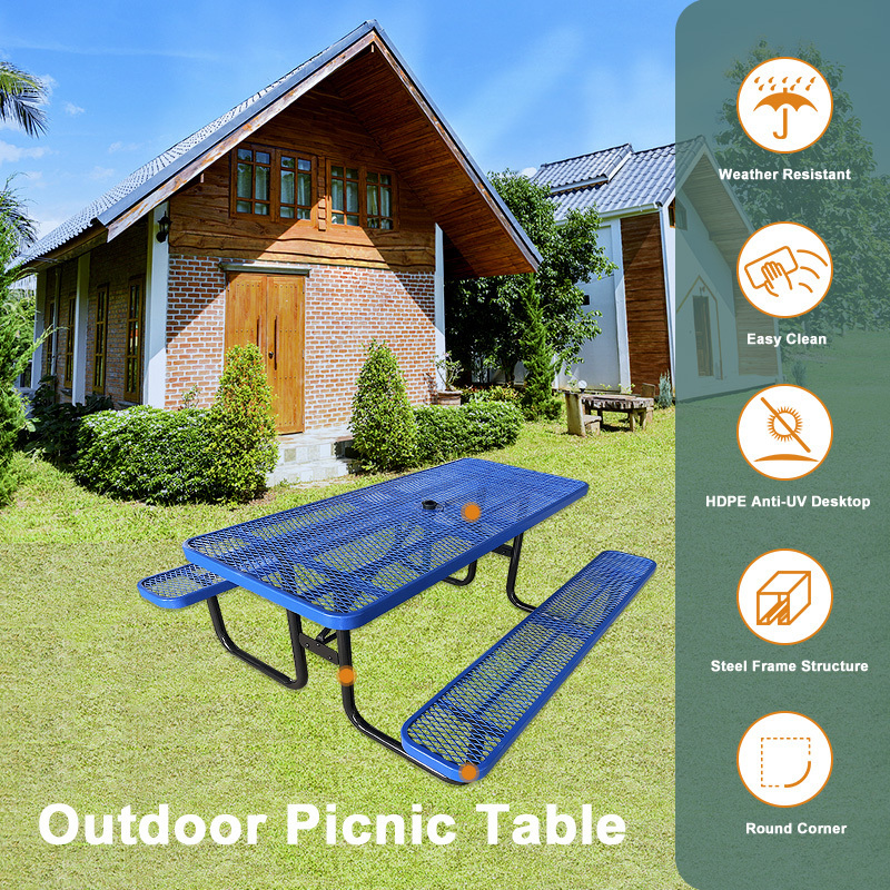 Outdoor park patio commercial steel mesh picnic camping table with bench outside restaurant round metal dining table and chair