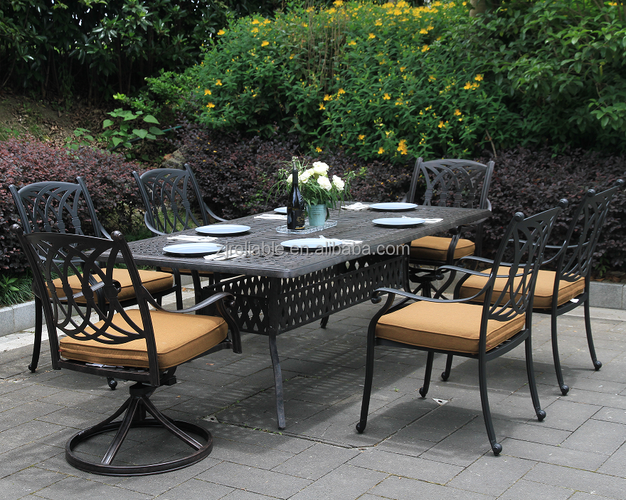 Wholesale Courtyard Outdoor Patio Furniture Comfortable Cast Aluminum table and chairs 7pcs Dining Set