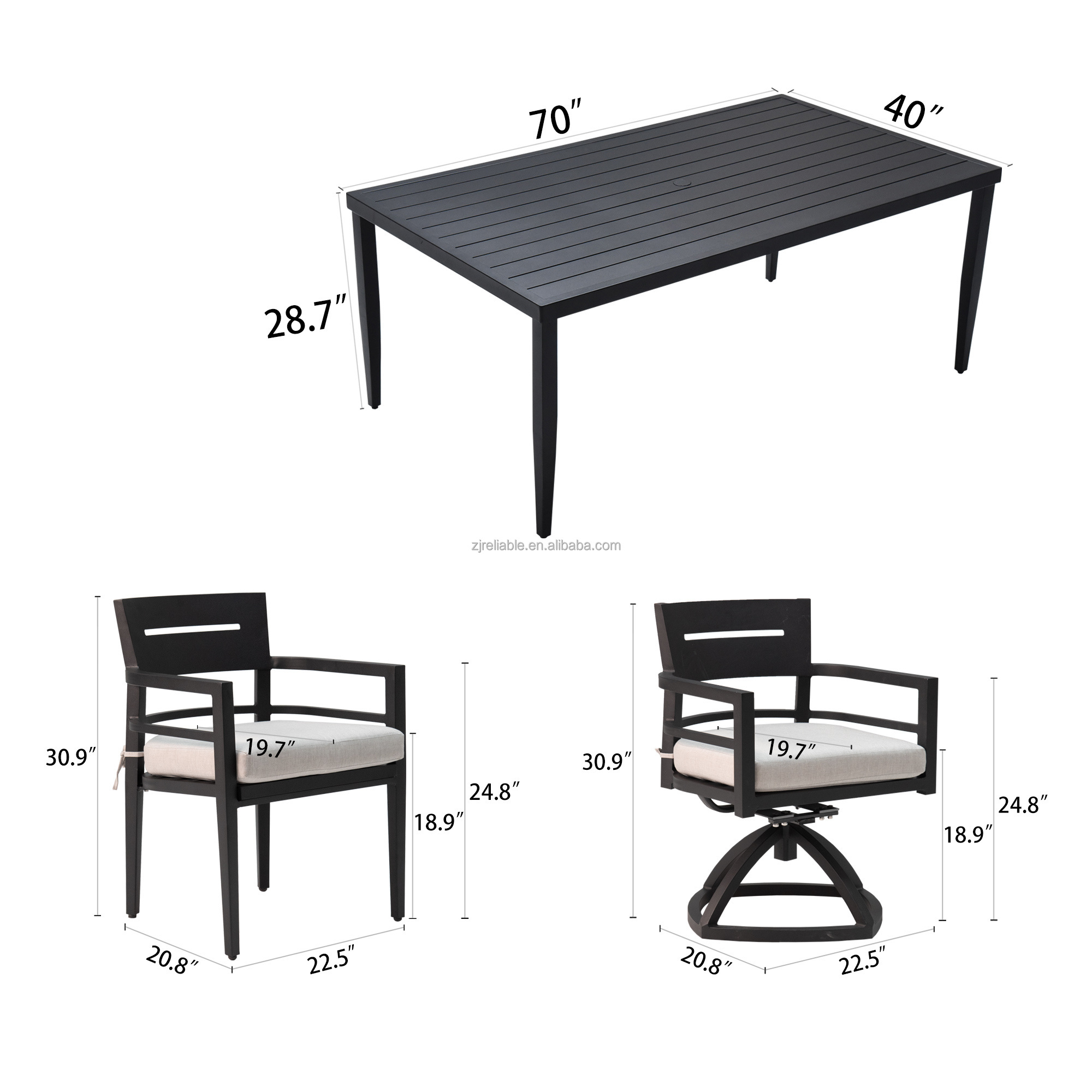 Outdoor Aluminum Patio Furniture Dining set with 4 Dining Chairs &2 Swivel Rockers with Cushions for Deck Lawn Garden