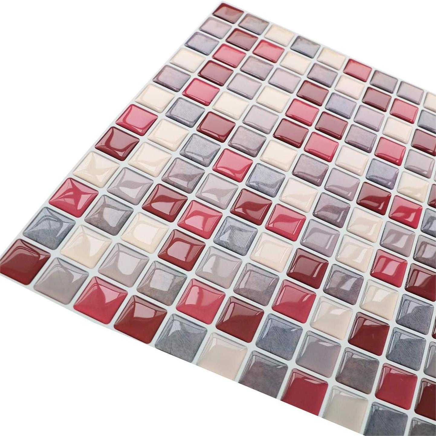 Dark Red Foil Glossy Square Mosaic Tile Peel And Stick Kitchen Backsplash Mosaic Tile