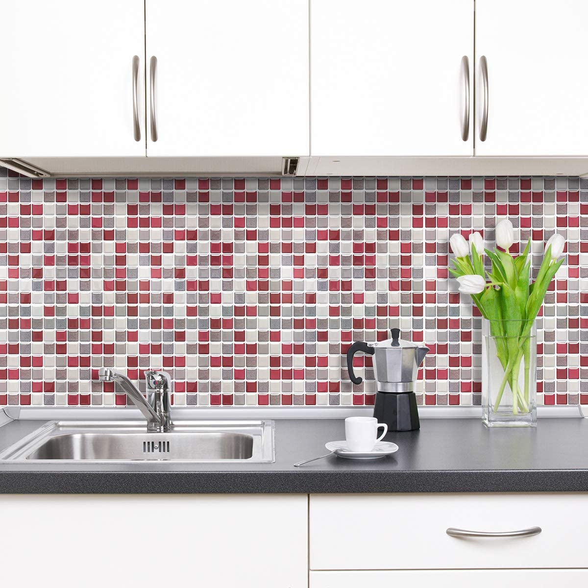 Dark Red Foil Glossy Square Mosaic Tile Peel And Stick Kitchen Backsplash Mosaic Tile