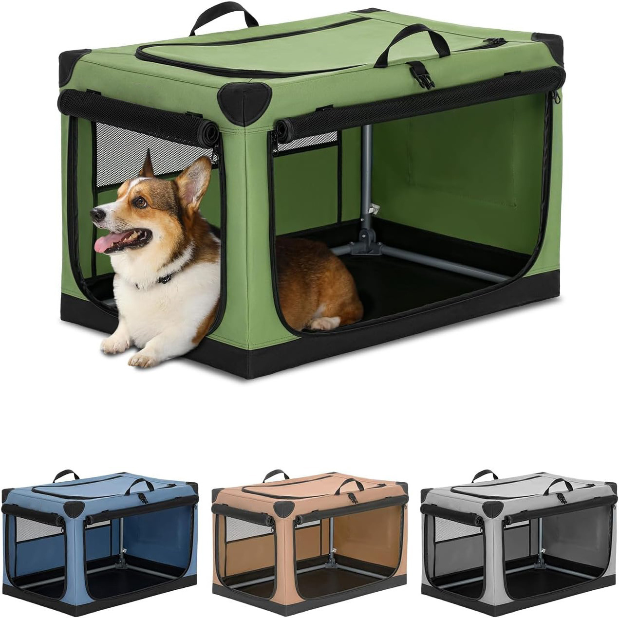 Custom Printed Folding Dog Cage Crate Expandable Soft-Sided Pet Carrier with Removable Fleece Pad and Pockets Belt Closure