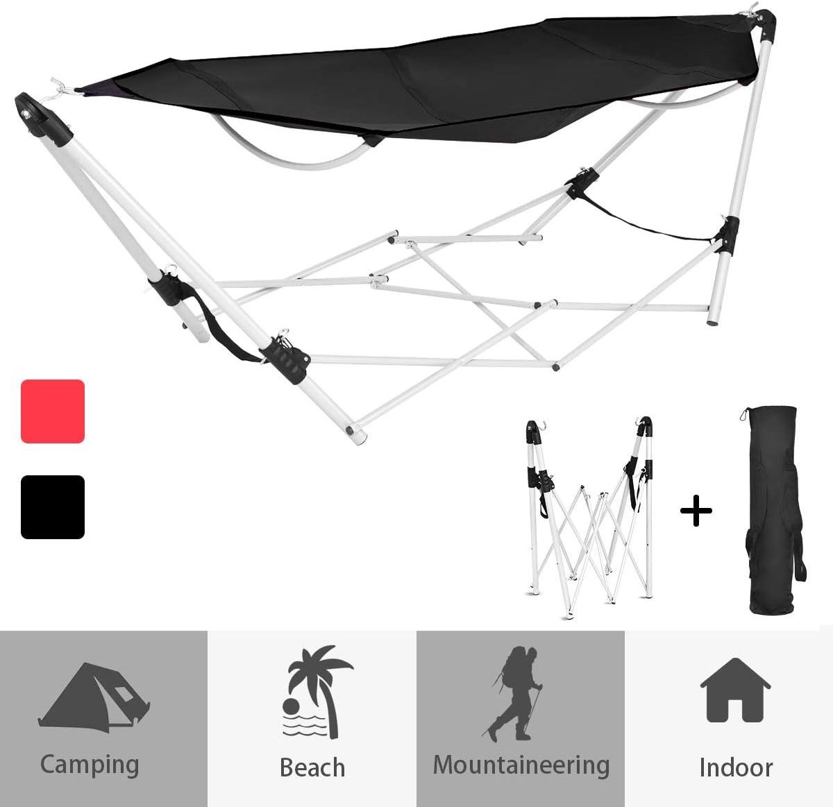 Outdoor Portable Hammock with Steel Stand 110kg Capacity Polyester Fabric Adjustable Footrest for Bedroom Use