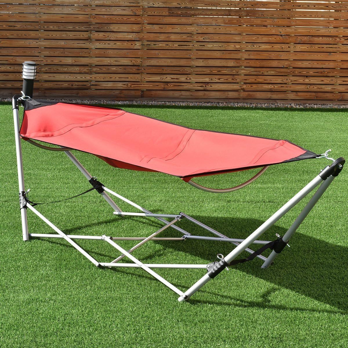 Outdoor Portable Hammock with Steel Stand 110kg Capacity Polyester Fabric Adjustable Footrest for Bedroom Use