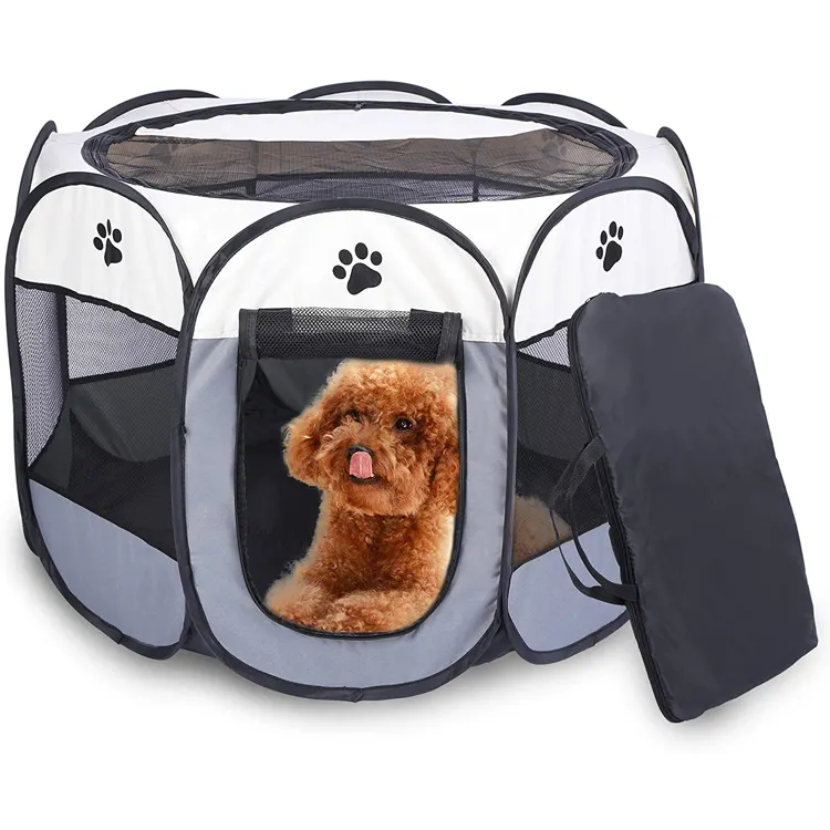 Solid Pattern Foldable Pet Exercise Pen Tent Stainless Steel Glass Playpen with Metal Frame Pop up Puppy Dog Kennel/Cat Cage