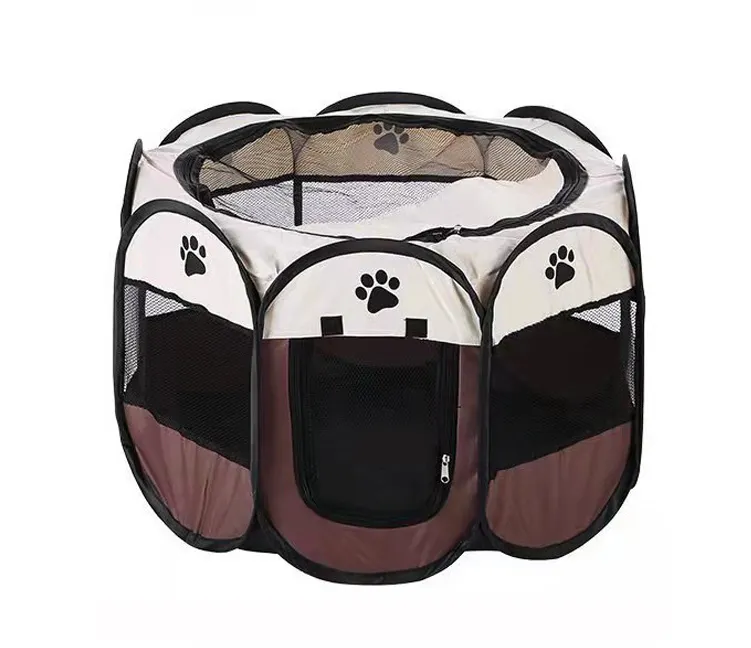 Solid Pattern Foldable Pet Exercise Pen Tent Stainless Steel Glass Playpen with Metal Frame Pop up Puppy Dog Kennel/Cat Cage