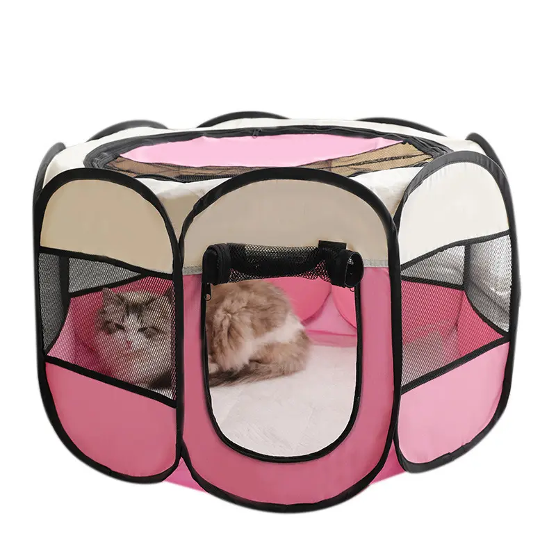 Solid Pattern Foldable Pet Exercise Pen Tent Stainless Steel Glass Playpen with Metal Frame Pop up Puppy Dog Kennel/Cat Cage