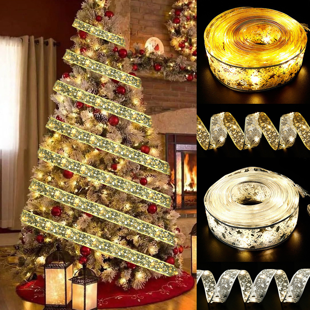 Wholesales Colorful Shinning Organza Led Christmas Ribbon Christmas Tree Wired Ribbon