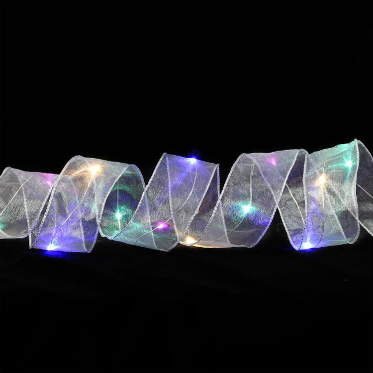 Wholesales Colorful Shinning Organza Led Christmas Ribbon Christmas Tree Wired Ribbon