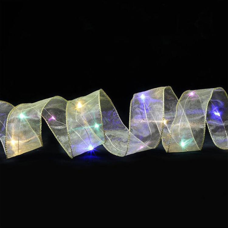 Wholesales Colorful Shinning Organza Led Christmas Ribbon Christmas Tree Wired Ribbon