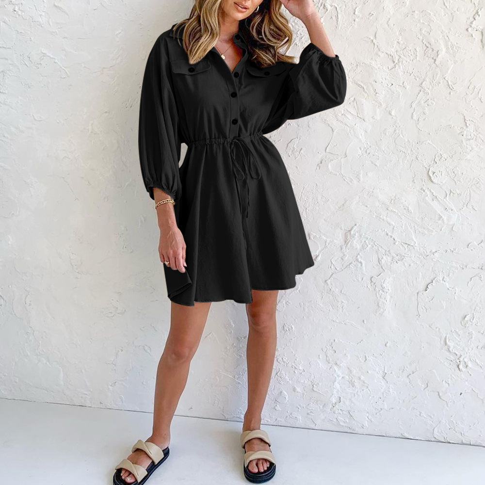 Women's Summer Casual A-Line Mini Dress Breathable Linen T-Shirt Dress with Drawstring Waist Decoration Mini Casual Dress