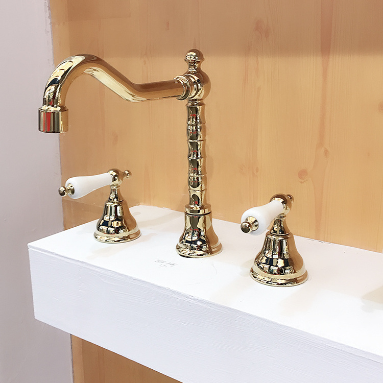 New design traditional gold double handle brass 3 hole basin mixer faucet luxury bathroom faucets