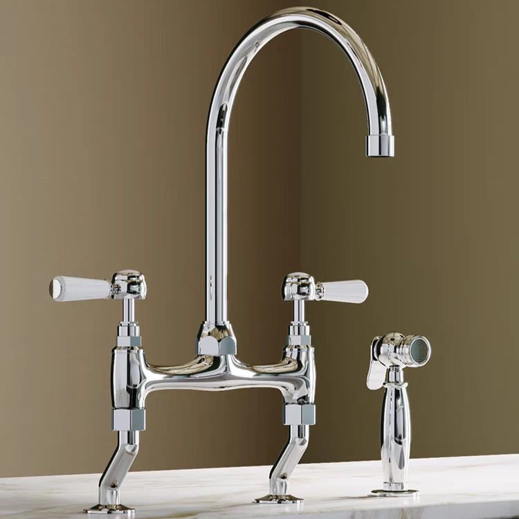 Hot sale classic long neck luxury chrom brass bridge kitchen faucets with side sprayer