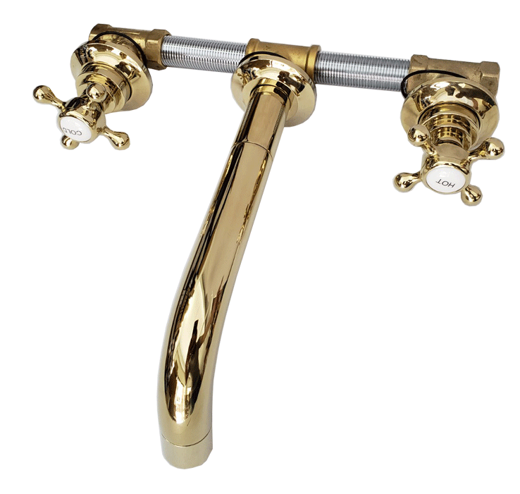 British style cross handwheel three hole wall mount gold basin faucets