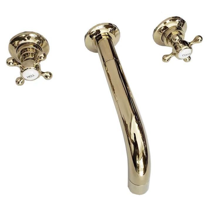 British style cross handwheel three hole wall mount gold basin faucets