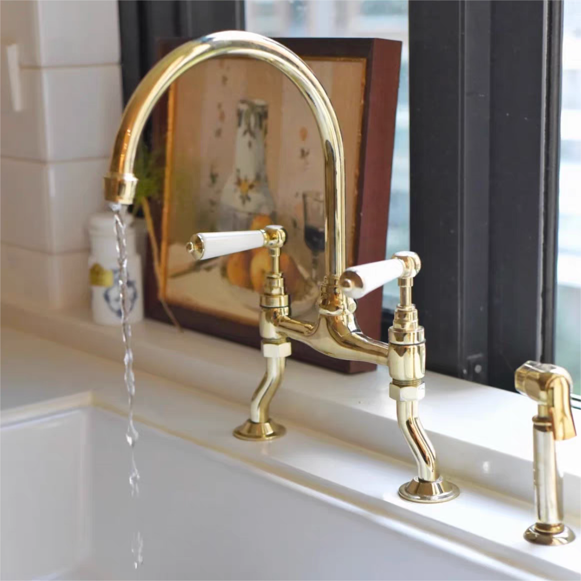 High quality  brass brushed gold deck mounted prevent ironing two handle sink taps bridge kitchen faucet