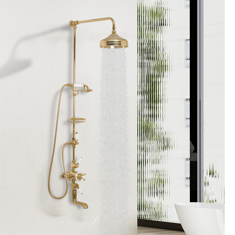 Classic double handle brass gold shower faucet set telephone hand shower with angled slide bar Thermostatic shower