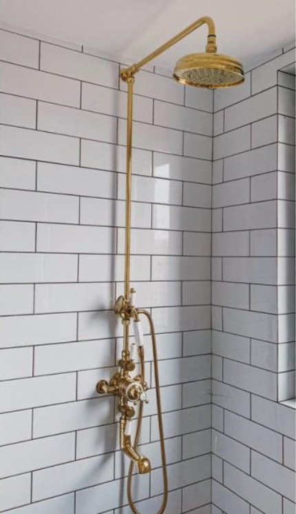 Classic double handle brass gold shower faucet set telephone hand shower with angled slide bar Thermostatic shower