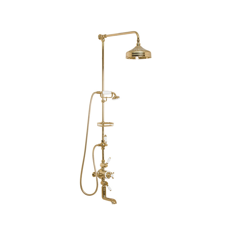 Classic double handle brass gold shower faucet set telephone hand shower with angled slide bar Thermostatic shower