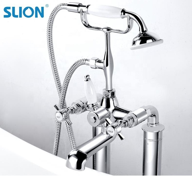 High quality Triple Handle floor Mounted freestanding shower Bathtub Faucet European Antique Shower Faucet Bathtub Taps Shower