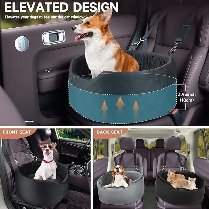 Dog Car Seat for Small & Medium Dogs, Elevated Dog Booster Seat, Detachable and Washable Pet Car Seat for Dogs Up to 35lbs