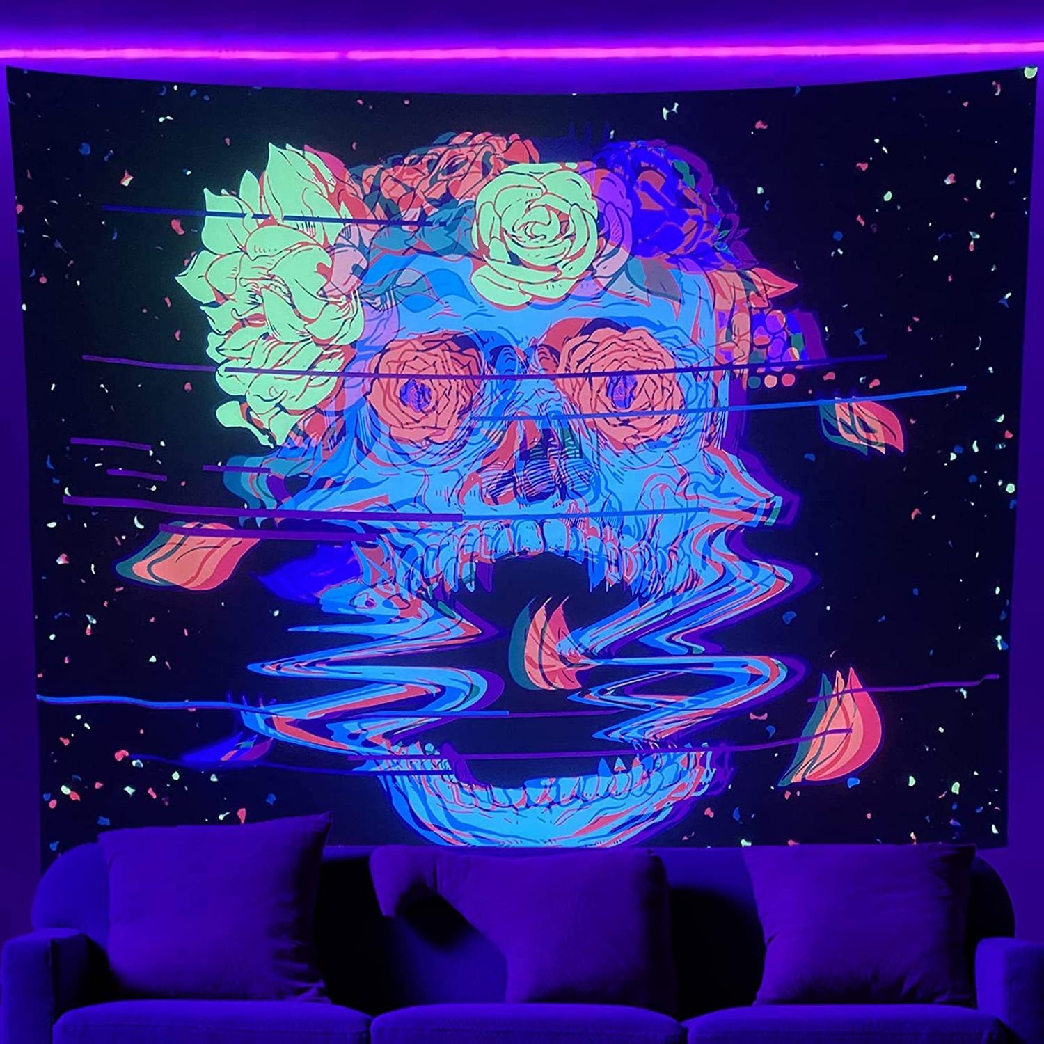 Skull Tapestry Glow In the Dark, UV Reactive Black Light Posters Tapestries for Trippy Room Bedroom Aest