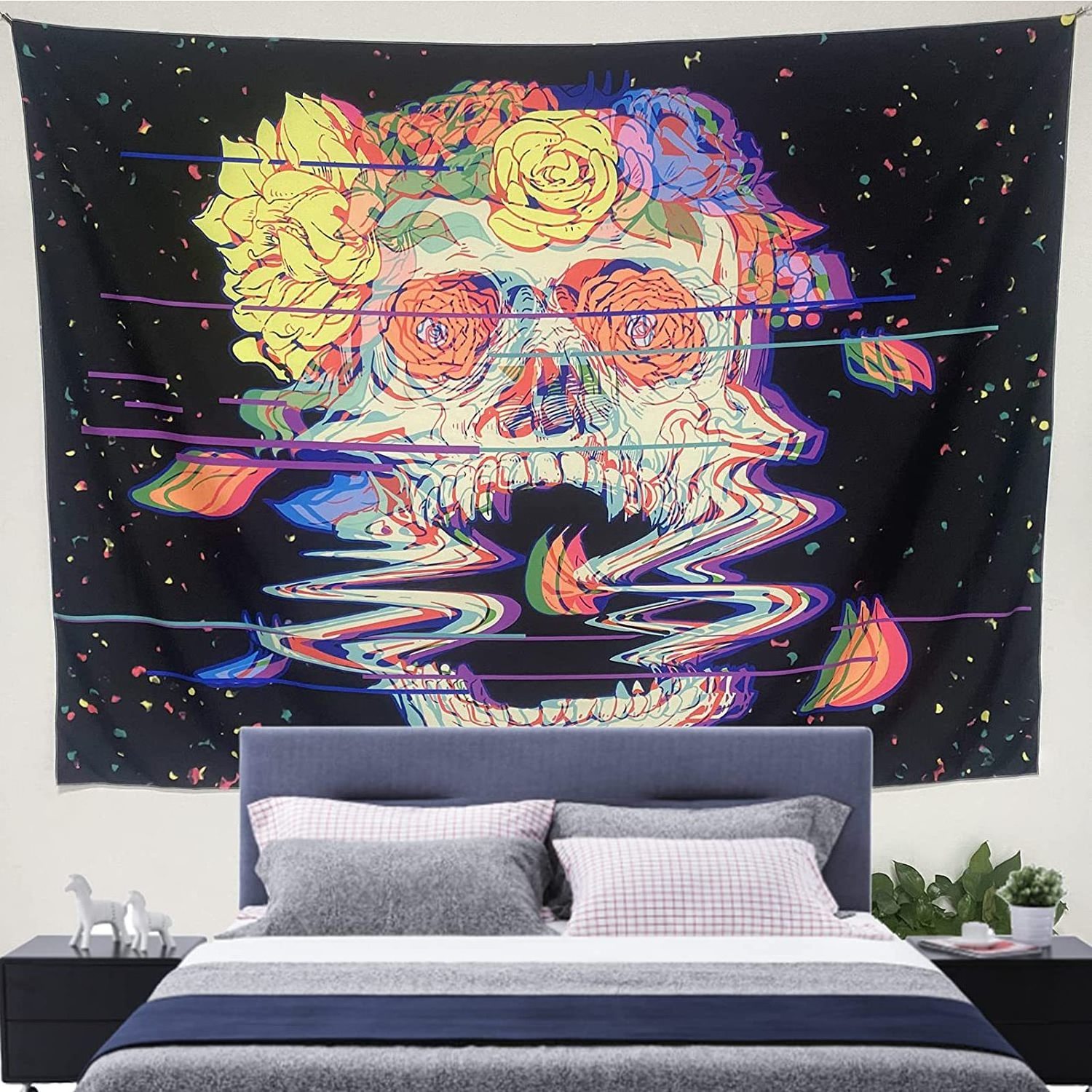 Skull Tapestry Glow In the Dark, UV Reactive Black Light Posters Tapestries for Trippy Room Bedroom Aest