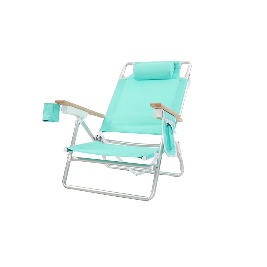 5 Positions Adjustable Deck Chair Outdoor Durable Portable Beach Metal Folding Chair With Cup Holder