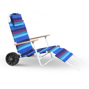 OEM Wooden Armrest Outdoor Foldable Reclining Beach Chair  with wheels