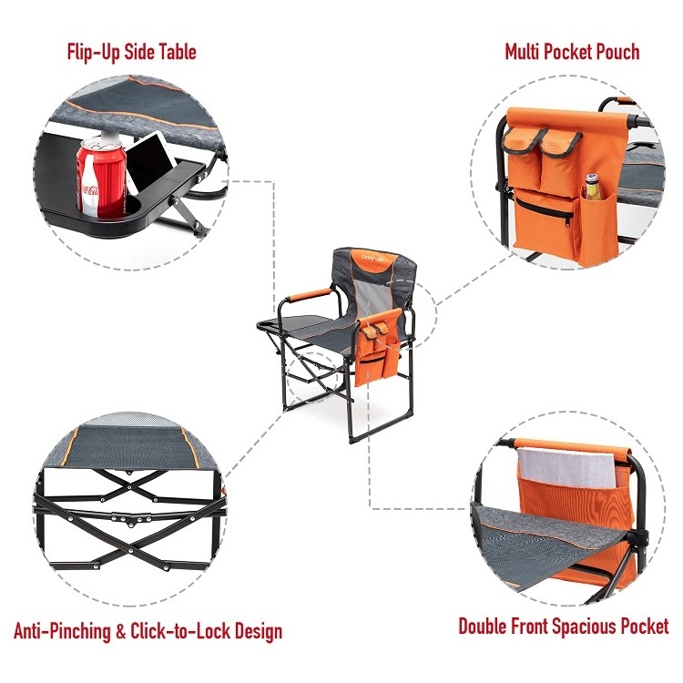 High Quality Portable Outdoor Relax Steel Lawn Director Chair Folding Camping Chair With Side Table